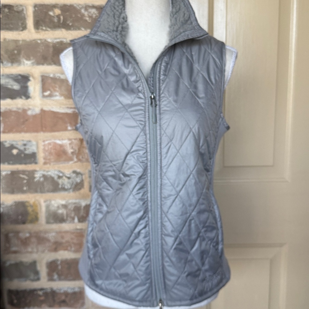 L.L. Bean Light Gray Quilted Vest Plush Fleece Lined Double Zipper Pulls Sz S